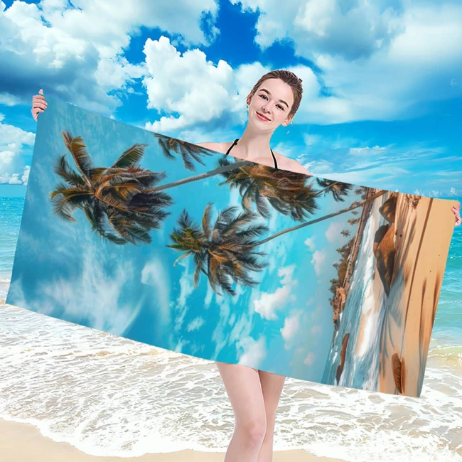  Bardzo duży, szybkoschnący, plażowy ręcznik z mikrofibry, w palmy nad morzem w rozmiarze 100x180 cm 