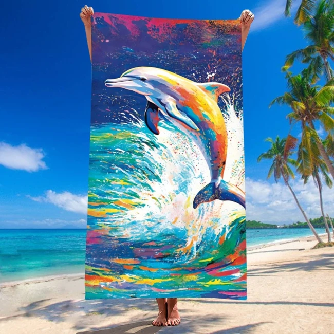  Bardzo duży, szybkoschnący, plażowy ręcznik z mikrofibry, w kolorowego delfina w rozmiarze 100x180 cm 