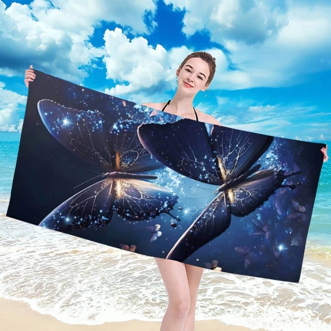  Bardzo duży, szybkoschnący, plażowy ręcznik z mikrofibry, w magiczne motyle w rozmiarze 100x180 cm 