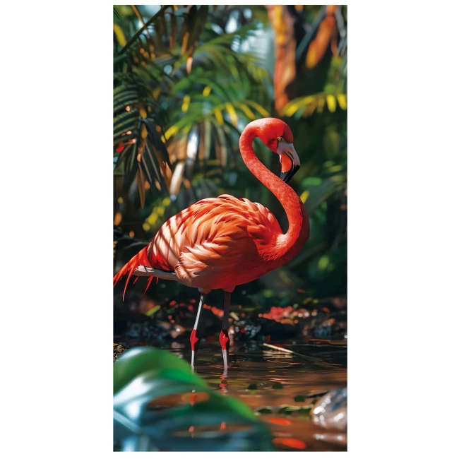 Ręcznik plażowy w kolorze różowym z motywem flaminga, wykonany z mikrofibry, o wymiarach 100x180 cm. Produkt leży rozłożony, z widocznym, jasnym wzorem flaminga na tle zieleni. Tekstura materiału umożliwia szybkie schnięcie.