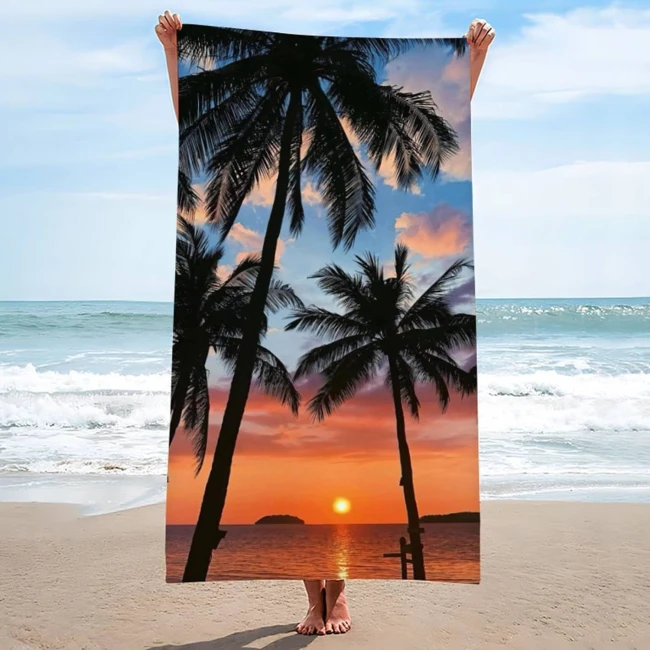 Ręcznik plażowy 100x180 Palmy o zachodzie słońca szybkoschnący z mikrofibry duży
