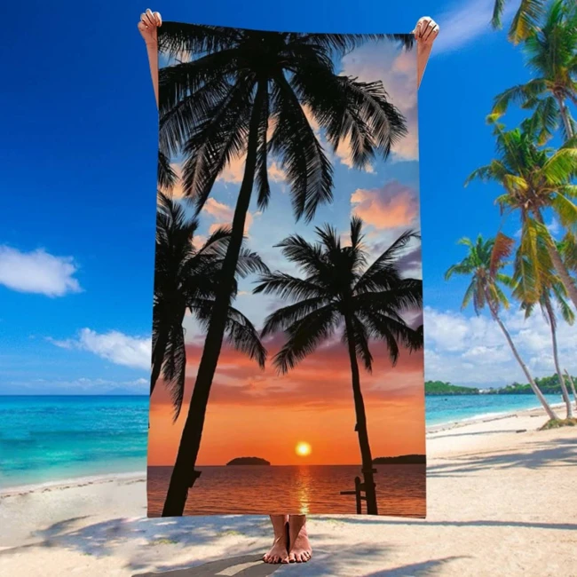  Bardzo duży, szybkoschnący, plażowy ręcznik z mikrofibry, w Palmy o zachodzie słońca w rozmiarze 100x180 cm 