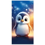Ręcznik plażowy 100x180 cm z wizerunkiem pingwinka, wykonany z mikrofibry. Przedmiot leży na jednolitym tle. Wzór przedstawia uśmiechającego się pingwinka z dużymi oczami i pomarańczowym dziobem, idealny dla dzieci.