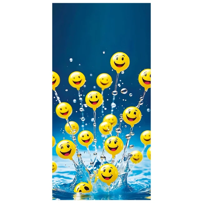 Ręcznik plażowy 100x180 cm z mikrofibry w żółte buźki, leżący na tle niebieskiej wody. Na tkaninie widoczne wesołe buźki, co nadaje mu kreatywny i radosny wygląd. Szybkoschnący materiał idealny na plażę lub basen.