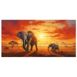 Ręcznik plażowy 100x180 z mikrofibry z grafiką dwóch słoni na safari. Ciepłe odcienie pomarańczowego i żółtego na tle zachodzącego słońca. Produkt leżący na płaskiej powierzchni. Idealny na plażę, szybkoschnący.