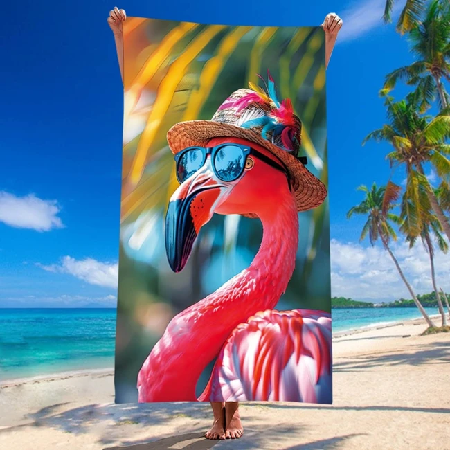  Bardzo duży, szybkoschnący, plażowy ręcznik z mikrofibry, w flaminga w okularach w rozmiarze 100x180 cm 