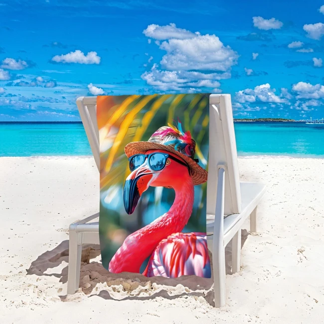 Ręcznik plażowy 100x180 cm z mikrofibry w różowym kolorze, przedstawiający flaminga w okularach i kapeluszu. Produkt leży na leżaku w otoczeniu plaży i morza, idealny na lato. Szybkoschnący materiał.