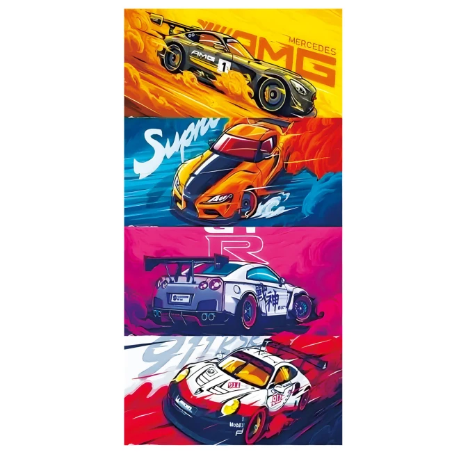 Ręcznik plażowy 100x180 cm w kolorze żółtym, niebieskim, różowym i czerwonym z grafiką sportowych aut. Materiał z mikrofibry, szybkoschnący.