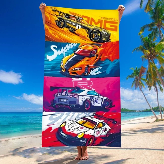  Bardzo duży, szybkoschnący, plażowy ręcznik z mikrofibry, w sportowe auta w rozmiarze 100x180 cm 
