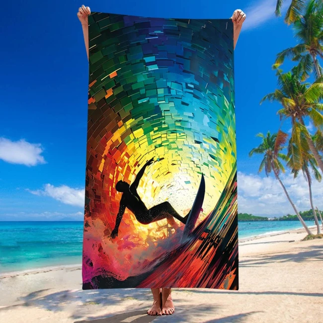  Bardzo duży, szybkoschnący, plażowy ręcznik z mikrofibry, w surfera na desce w rozmiarze 100x180 cm 