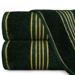 Ręcznik do rąk 30x50 cm w kolorze zieleni butelkowej, wykonany z bawełny o gramaturze 500 g/m². Na krawędzi znajduje się bordiura w złote paski. Produkt leży na płaskiej powierzchni, widoczny z boku. Tekstura materiału jest miękka i chłonna.