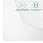 Prześcieradło flanelowe z gumką 120x200 w kolorze białym, widok z góry. Widoczna gruba, wytrzymała guma obszyta wokół krawędzi. Tło białe, teksty WYJĄTKOWO GRUBA I WYTRZYMAŁA GUMA oraz OBSZYTA PO CAŁYM OBWODZIE w zielonych napisach.