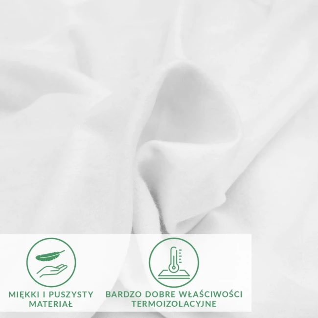 Flanelowe prześcieradło z gumką w kolorze białym, z miękkiego i puszystego materiału. Widoczne detale tkaniny w zbliżeniu, uwidaczniające fakturę. Elementy graficzne informujące o termicznych właściwościach produktu.