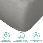 Prześcieradło flanelowe 120x200 cm w kolorze szarym, wykonane z wysokiej jakości bawełny. Zbliżenie na róg prześcieradła z gumką, ukazujące matową, teksturowaną tkaninę. Widoczna wysoka gramatura 160 g/m². Tło białe.