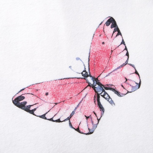 Różowy motyl z wyraźnymi detalami na skrzydłach na białym tle. Motyl ma niebieskie akcenty oraz delikatne cieniowanie, co podkreśla jego kształt. Widok z boku, zbliżenie na wzór.