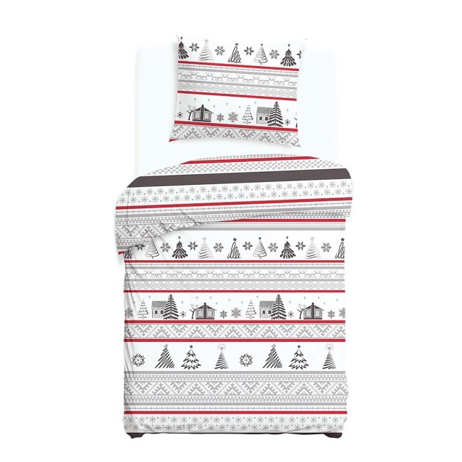 Pościel flanelowa 140x200 cm w odcieniach bieli z czarnymi wzorami choinek, chat oraz czerwonymi paskami. Pościel rozłożona na łóżku; poduszka i kołdra w stylowym, świątecznym wzorze. Materiał flanelowy, zapewniający komfort. Produkt w stanie nowym.