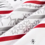 Pościel flanelowa w rozmiarze 140x200 cm, wykonana z białej flaneli zdobionej w szare choinki oraz czerwone i szare pasy. Widok z bliska, tkanina gładka, w lekkich fałdach, bez widocznych detali jak guziki czy logo.