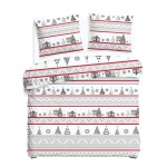 Pościel flanelowa 180x200 cm w kolorze białym z wzorem choinek i chatkami, zawiera dwa poszewki na poduszki. Ułożona jest w formie rozłożonej na łóżku.