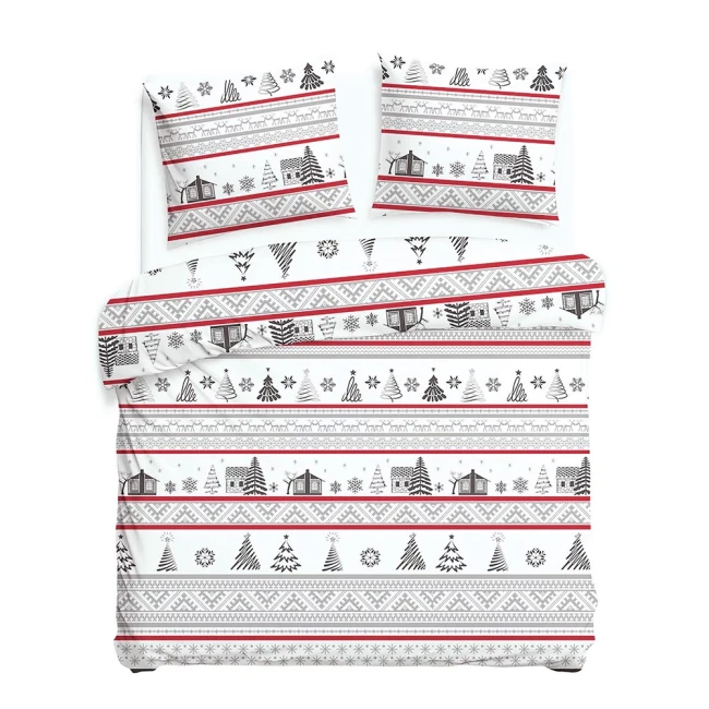 Pościel flanelowa 180x200 cm w kolorze białym z wzorem choinek i chatkami, zawiera dwa poszewki na poduszki. Ułożona jest w formie rozłożonej na łóżku.
