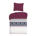 Pościel flanelowa 140x200 Arvena w bordowym kolorze z białymi kropkami i wzorami w renifery. Zestaw zawiera poszewkę na poduszkę. Produkt leży na jasnym tle, ukazany z góry, z widoczną fakturą tkaniny i detalami wzorów.