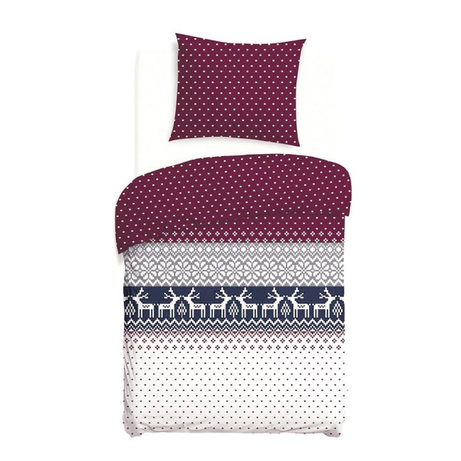 Pościel flanelowa 140x200 Arvena w bordowym kolorze z białymi kropkami i wzorami w renifery. Zestaw zawiera poszewkę na poduszkę. Produkt leży na jasnym tle, ukazany z góry, z widoczną fakturą tkaniny i detalami wzorów.