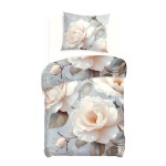 Pościel satyna bawełniana 140x200 w odcieniach szarości z kremowymi różami. Złożona, z widocznym nadrukiem dużych kwiatów i liści.