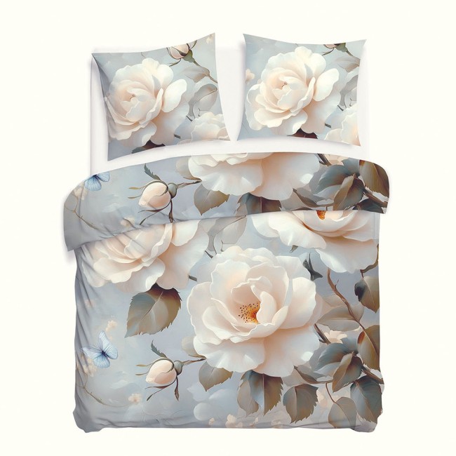 Pościel satyna bawełniana 160x200 w szaro-kremowe róże. W zestawie poszewki na poduszki, z wzorem róż w pastelowych odcieniach. Produkt leżący, z ukazanymi szwami i delikatnym połyskiem tkaniny, na jednolitym tle.