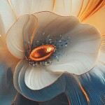 Szerszy kwiat w odcieniach błękitu i kremu z delikatnymi złotymi akcentami. Centralna część kwiatu ma złotą pręcikę otoczoną drobnymi niebieskimi szczegółami. Ułożenie na jasnym tle podkreśla jego szczegóły i teksturę.