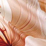 Pościel satyna bawełniana 140x200 Elize w jasnym beżowym kolorze z kwiatowym wzorem na kremowym tle, lekko złożona, ukazująca teksturę materiału. Detale wzoru z wyraźnymi konturami kwiatów, delikatny połysk. Ujęcie zbliżone na fragment tkaniny.