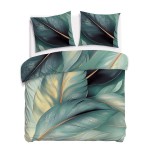Pościel bawełniana w satynowym wykończeniu 180x200 cm, z wzorem liści w odcieniach zieleni i złotych akcentach. Zestaw obejmuje jedną poszewkę na kołdrę i dwie poszewki na poduszki, rozłożony na płaskiej powierzchni.