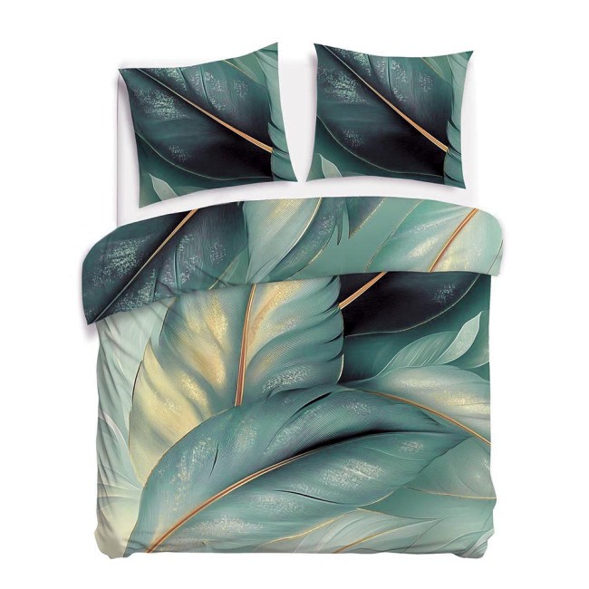 Pościel bawełniana w satynowym wykończeniu 180x200 cm, z wzorem liści w odcieniach zieleni i złotych akcentach. Zestaw obejmuje jedną poszewkę na kołdrę i dwie poszewki na poduszki, rozłożony na płaskiej powierzchni.