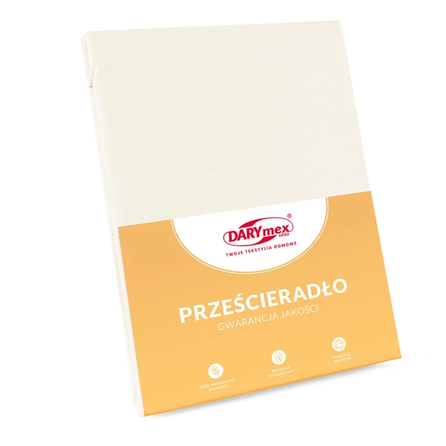 Prześcieradło bawełniane bez gumki w kolorze kremowym, rozmiar 200x220 cm. Produkt leżący, wyróżniający się prostym, matowym wykończeniem. Na opakowaniu widoczny logo DARYmex oraz napisy informacyjne. Produkt ekologiczny, wykonany z 100% bawełny.