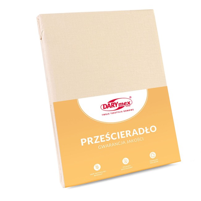 Prześcieradło bawełniane bez gumki 160x200 z dodatkowym 5 cm, jasno beżowe. Produkt złożony, widoczny z przodu w opakowaniu, z czytelnym napisem Prześcieradło oraz logo DARYmex. Wykonane z 100% naturalnej bawełny.