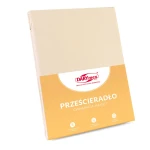 Jasno beżowe prześcieradło bawełniane bez gumki o wymiarach 200x220 cm, z dodatkowym 5 cm po bokach. Produkt leżący na jasnym tle, z widoczną etykietą informacyjną oraz logo marki DARYmex. Tekstura materiału gładka, naturalna.