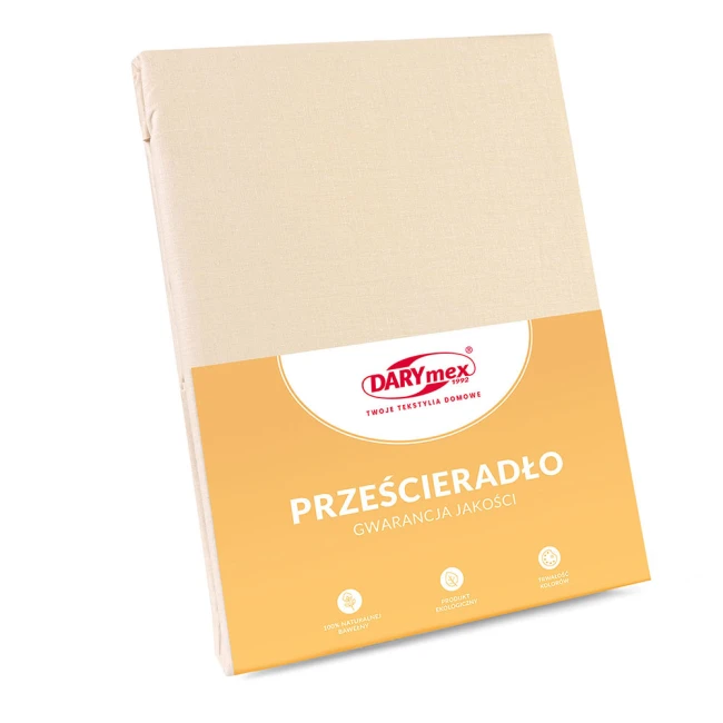 Jasno beżowe prześcieradło bawełniane bez gumki o wymiarach 200x220 cm, z dodatkowym 5 cm po bokach. Produkt leżący na jasnym tle, z widoczną etykietą informacyjną oraz logo marki DARYmex. Tekstura materiału gładka, naturalna.