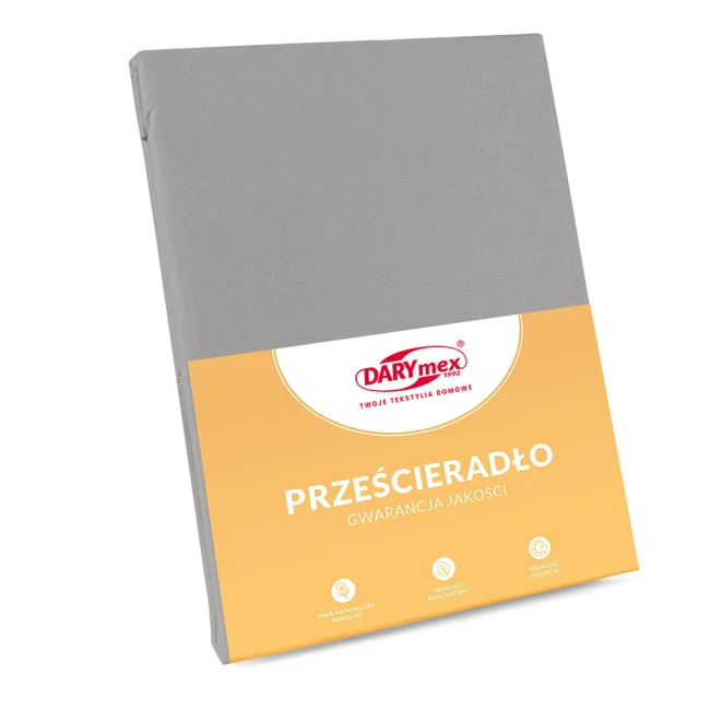 Prześcieradło bawełniane bez gumki w kolorze jasnoszarym, o wymiarach 200x220 cm, dodatkowe 5 cm po bokach. Produkt widoczny frontalnie, w opakowaniu z jaskrawą etykietą z nazwą i logo.