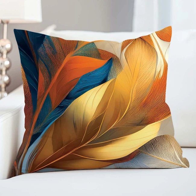  Poszewka satynowa 40x40 z motywem złotych, pomarańczowych i niebieskich liści 