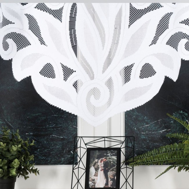 Firana gotowa POLA żakardowa, biała, o wymiarach 300x160 cm, wisząca z górnej krawędzi. Wzór z dekoracyjnymi motywami roślinnymi, z delikatną teksturą. Tło ciemne, z licznymi roślinami oraz ramką ze zdjęciem. Widok frontalny, podkreślający detale wzoru.