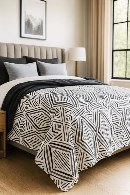 Narzuta drukowana Tarik 170x210, w biało-czarnym wzorze geometrycznym, leży na łóżku. Widoczny kąt ujęcia z boku eksponuje fakturę materiału. Obok narzuty znajdują się szare poduszki, a tło to jasne wnętrze sypialni z oknem i lampą.