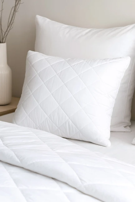 Poduszka antyalergiczna 50x70 Classic, pikowana, w kolorze białym, leżąca na łóżku obok innej poduszki. Produkowana z materiałów zapobiegających alergiom, z wyraźnym, prostym wzorem pikowania. Tło w neutralnym kolorze, minimalistyczne.