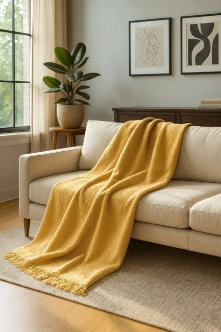 Koc bawełniany 150x200 cm w kolorze żółtym z frędzlami, leżący na beżowej sofie. Wyraźna struktura materiału, frędzle na dolnej krawędzi. W tle widoczna roślina doniczkowa oraz obrazki na ścianie, co tworzy przytulną atmosferę wnętrza.