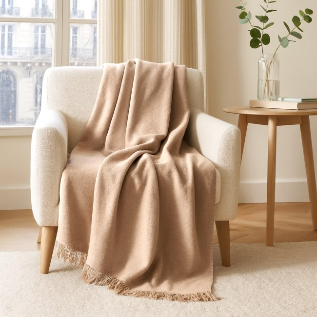  Miękki bardzo ciepły jasny beżowy koc bawełniany 200x220 cm z frędzlami 