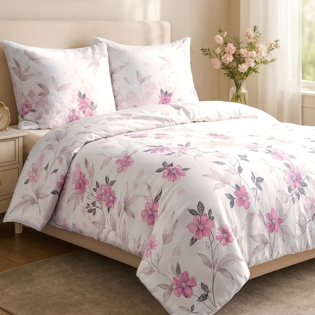 Delikatna pościel bawełniana satynowa 220x200 cm biała w różowe kwiaty i liście 