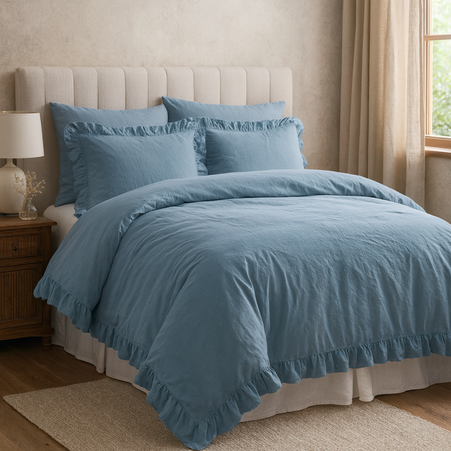  Elegancka minimalistyczna jednobarwna pościel bawełniana w delikatne falbanki w kolorze niebieskim 