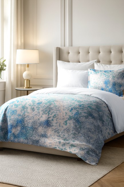 Pościel satyna bawełniana 220x200 w kolorze niebieskim i białym z subtelnym wzorem. Narzuta leży na łóżku z jasnym, tapicerowanym zagłówkiem.