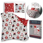 Pościel bawełniana w rozmiarze 220x200 cm z motywem pingwinów w czapkach i śnieżynkach na szarym tle. Zestaw zawiera poszewki na poduszki z czerwonymi akcentami i wzorami śnieżynek. Produkt złożony, ukazany z przodu na jasnym tle.