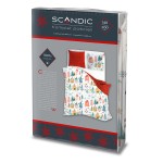 Pościel bawełniana w rozmiarze 220x200 cm, z kolorowymi domkami i choinkami na białym tle, w zestawie z poduszką. Wierzch w odcieniach czerwieni i zieleni, materiał 100% bawełna. W opakowaniu z graficznym przedstawieniem wzoru.