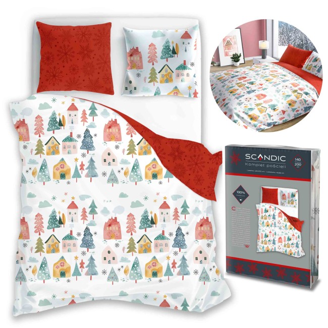 Pościel bawełniana 220x200 w kolorze białym i czerwonym z motywem kolorowych domków i choinek. Zestaw zawiera poszewki na poduszki, jedna z czerwonym tłem. Produkt leży na łóżku w aranżacji wnętrza.