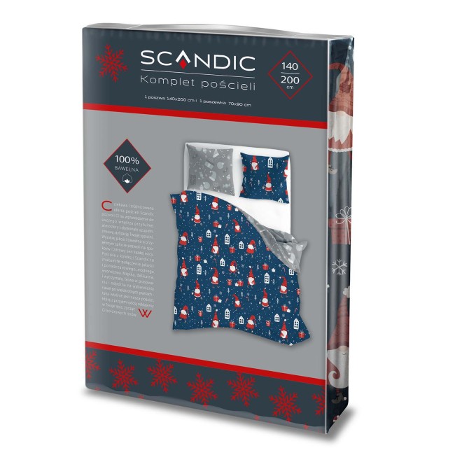 Pościel bawełniana o wymiarach 220x200 cm z motywem czerwonych skrzatów i prezentów na granatowym tle. Zawiera poszewki w rozmiarze 70x90 cm. Widoczne szare elementy dekoracyjne oraz logo producenta Scandic.