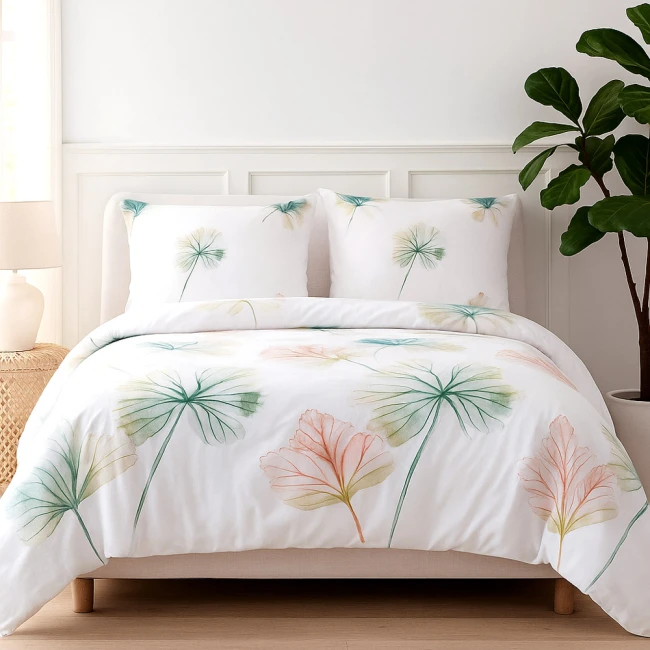 Elegancka delikatna biała pościel bawełniana satynowa 180x200 cm w liście w pastelowych kolorach 